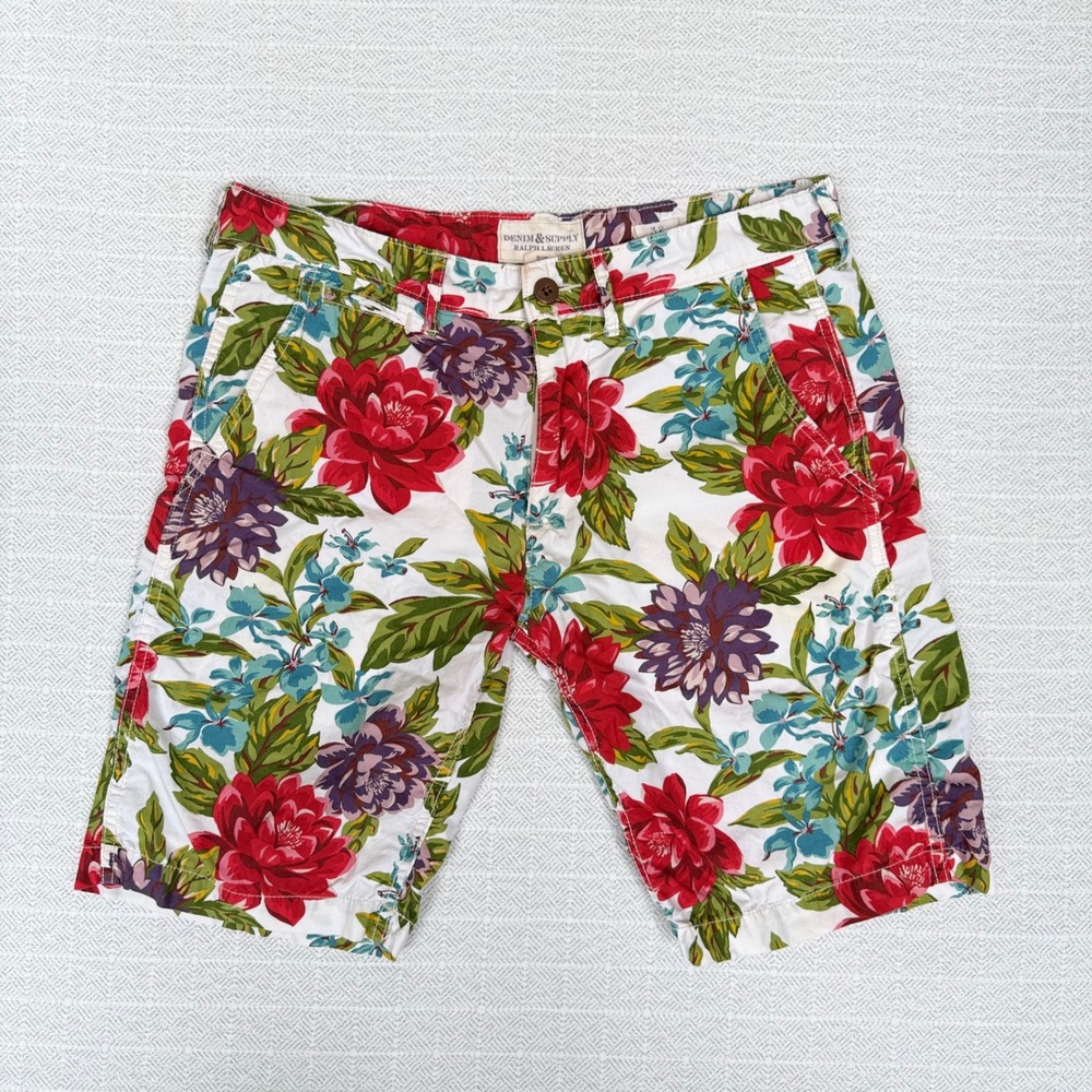Denim & Supply Ralph Lauren Mens Floral Shorts White Red Tropical 32